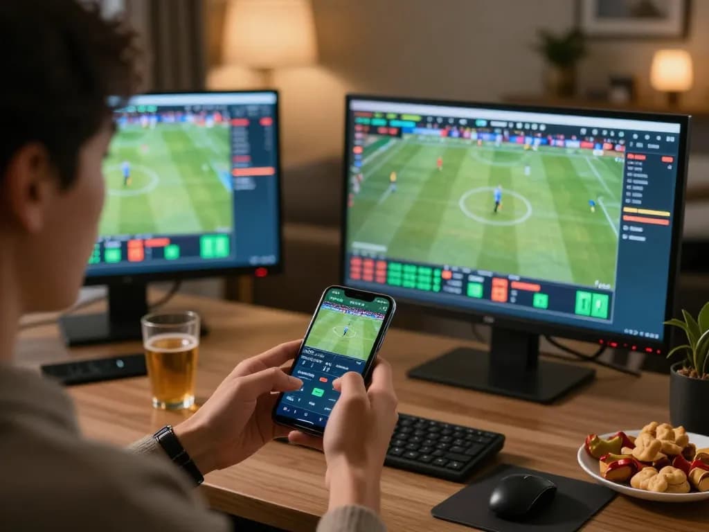 Engaging in keo nha cai sports betting on mobile while surrounded by screens displaying live game odds.