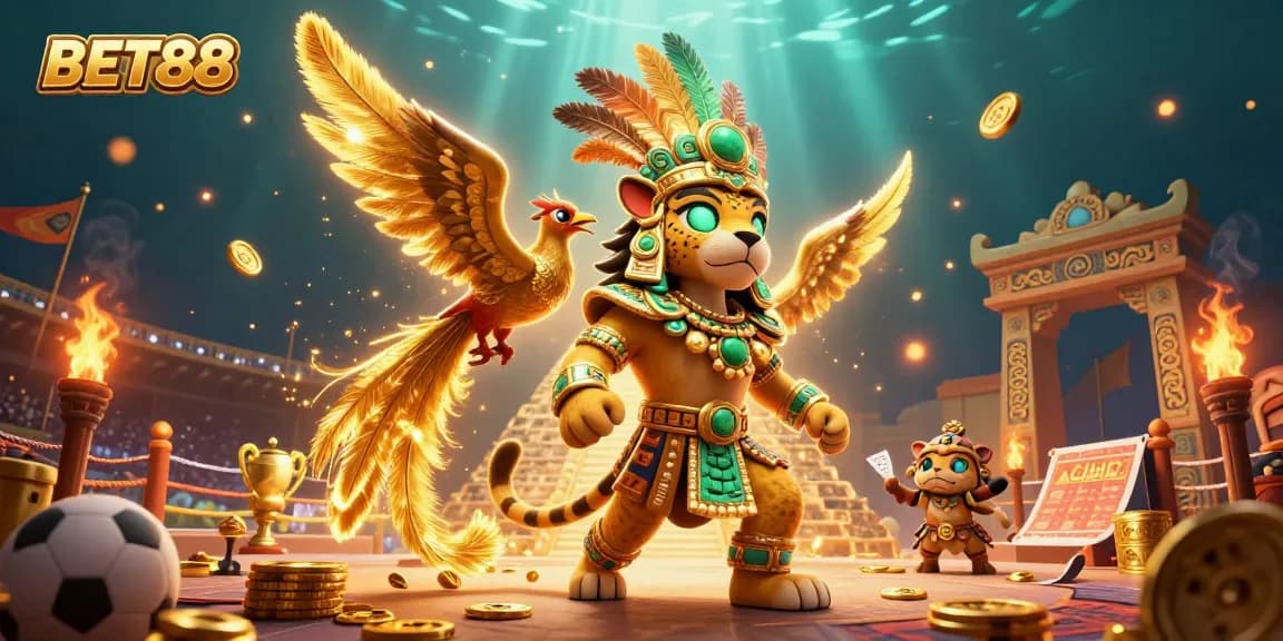 Engaging BET88 sports betting scene featuring a Mayan jaguar priest and dynamic gaming elements.