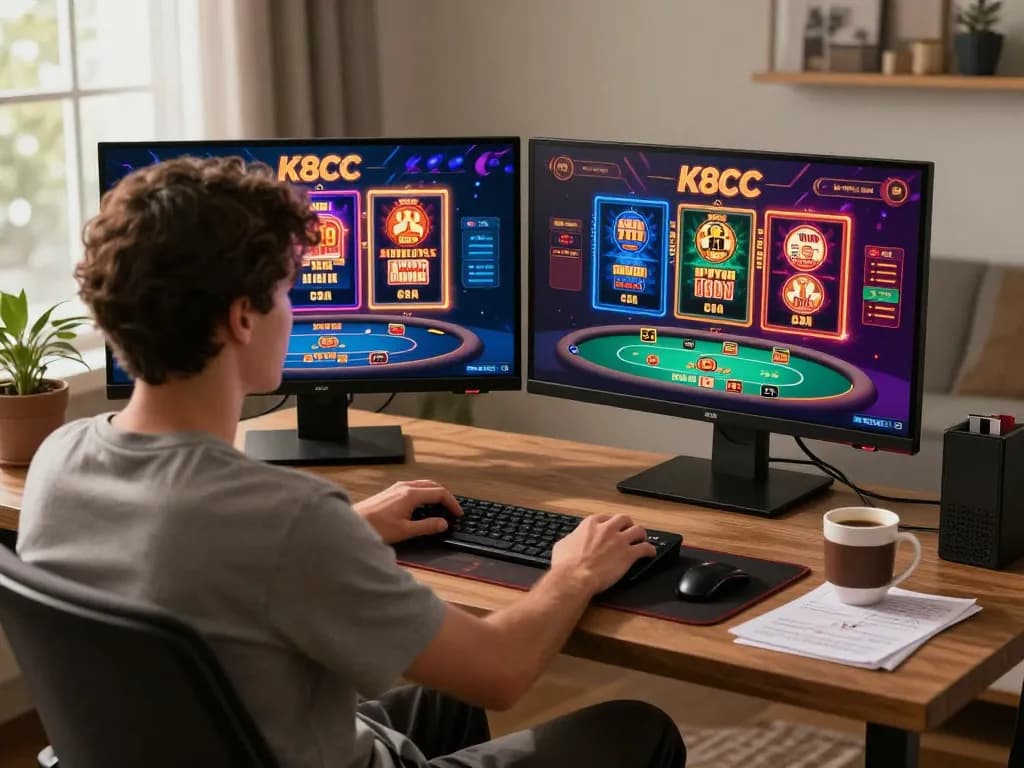 Player enjoys immersive K8CC online casino experience in comfortable home setting with vibrant games.