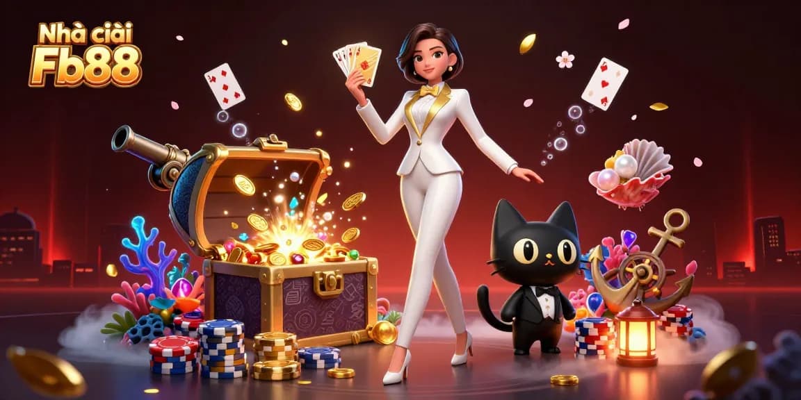 Engage with Nhà cái Fb88 in a vibrant 3D casino scene featuring a glamorous dealer and dynamic gaming elements.
