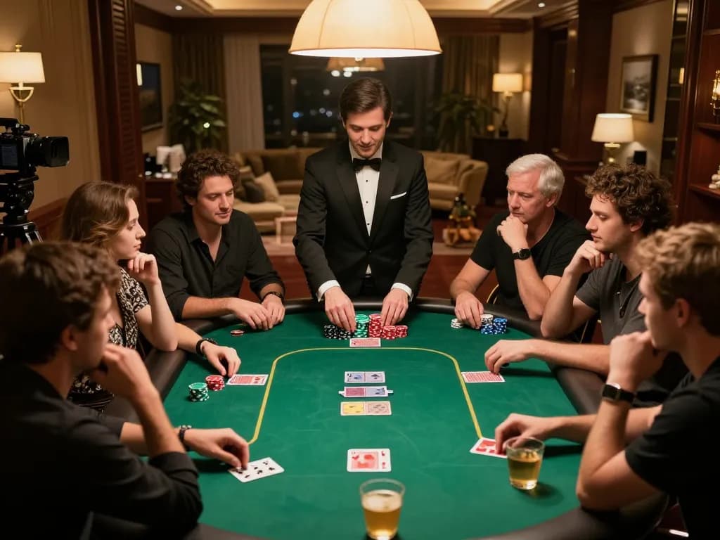Players strategizing during a poker game at 577F, capturing an engaging gaming atmosphere.