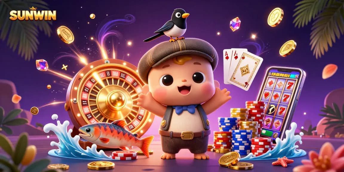 SUNWIN features a lively 3D scene with the Loch Ness monster and colorful casino elements.