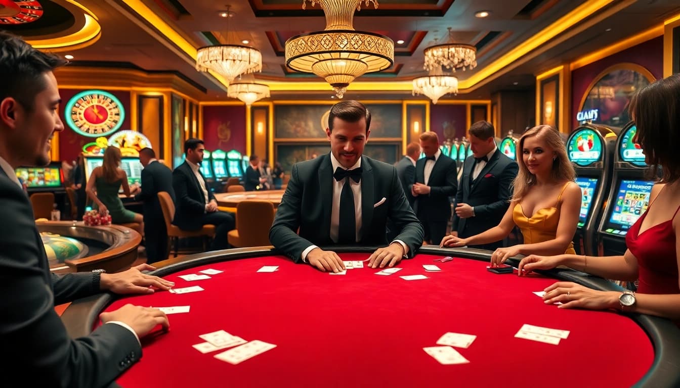 Engaging scene at nhà cái kjc casino with diverse players at a luxurious poker table.