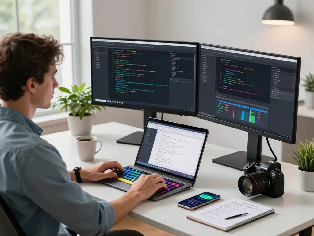 Moltbot AI personal assistant showcased in a productive software development workspace, highlighting coding, UI design, and modern tech atmosphere.