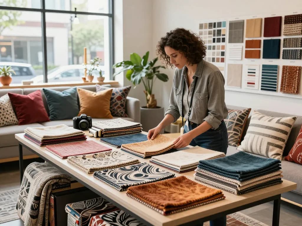 Sunwin textile designs in a vibrant showroom, showcasing innovative fabrics and home decor inspiration.