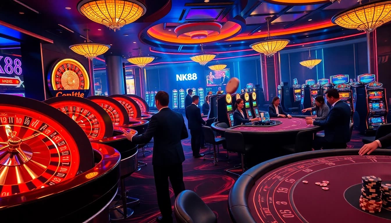 Experience thrilling gameplay at NK88 casino with vibrant slot machines and roulette wheels.