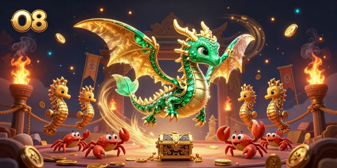 Engage in thrilling gameplay at O8 with an enchanting sea dragon guarding treasure in a dynamic casino scene.