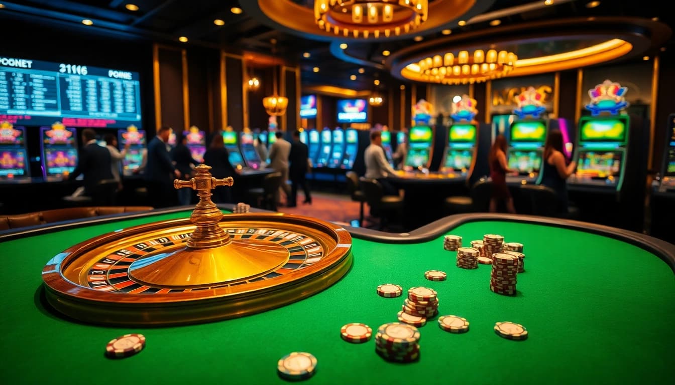 Experience the thrill of kèo nhà cái with a vibrant casino scene filled with poker tables and a roulette wheel.