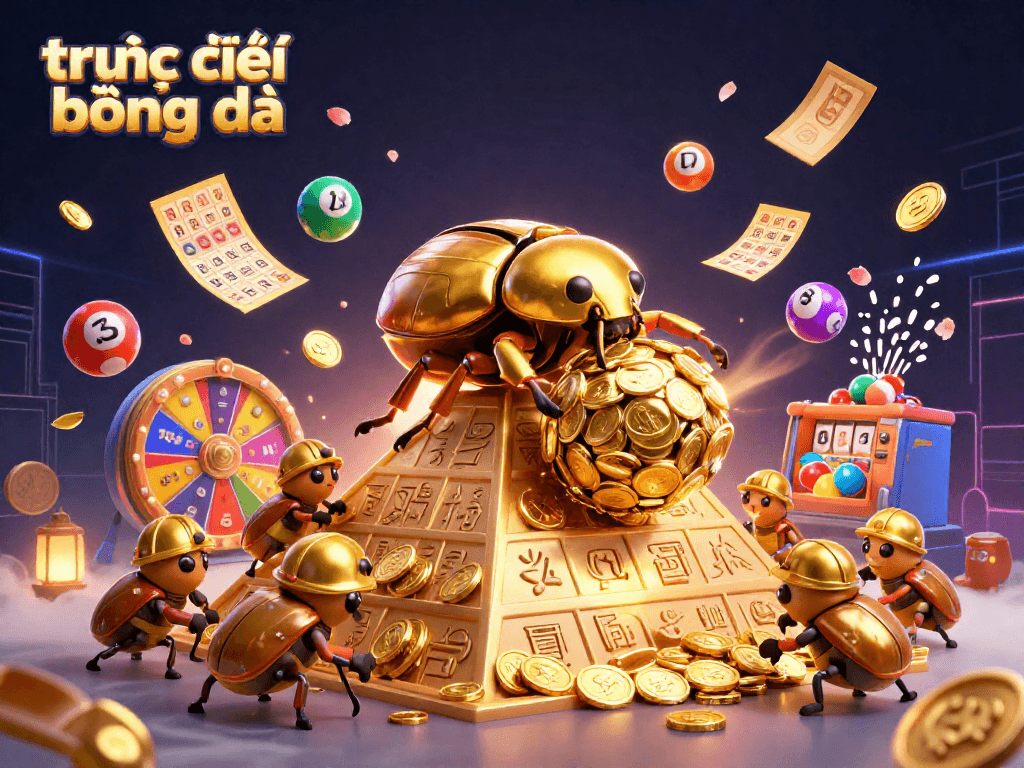 Engaging view of trực tiếp bóng đá with a golden dung beetle rolling a coin ball amidst vibrant casino elements.