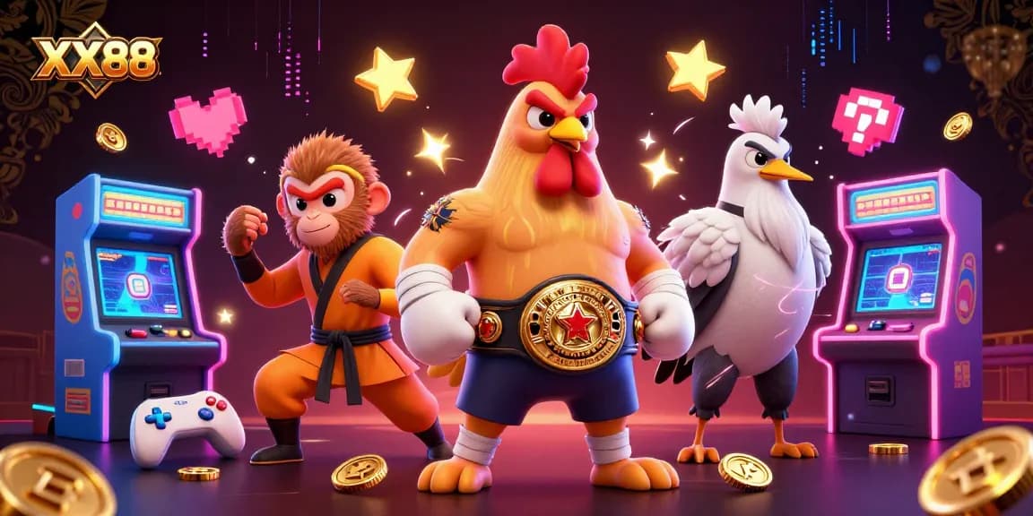 Spin the reels with XX88 as a fierce rooster and Shaolin monkey celebrate wins in a vibrant 3D casino atmosphere.