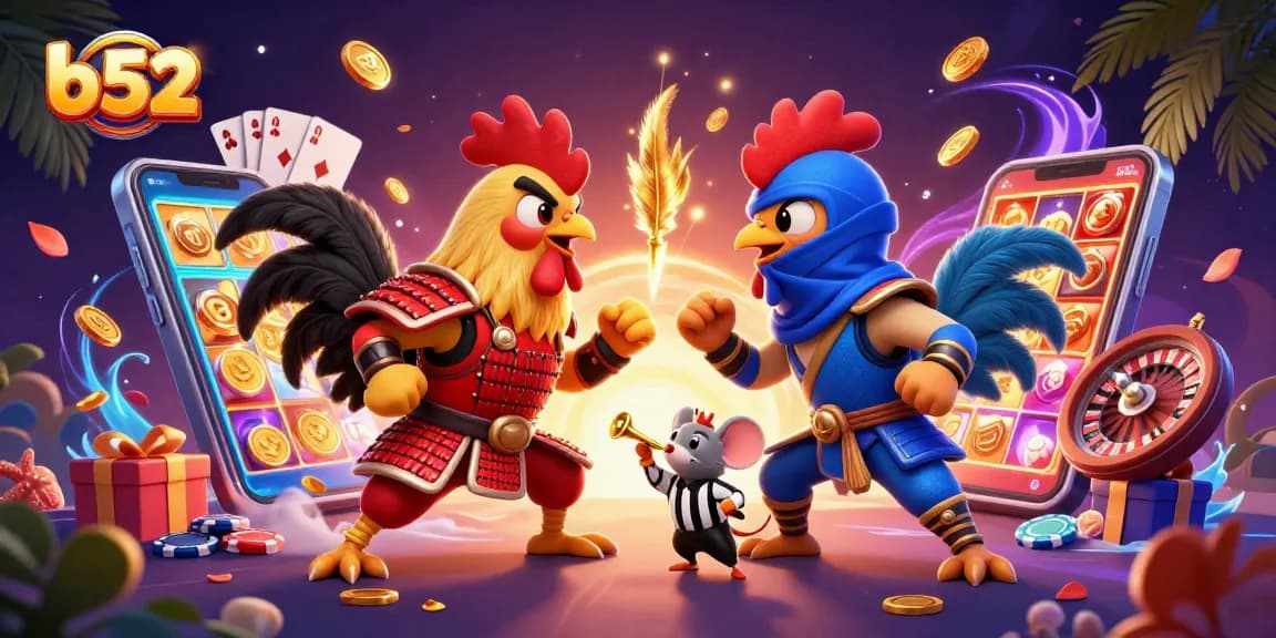 Engage in thrilling cockfighting action at b52, as roosters clash in an explosive showdown surrounded by vibrant casino elements.