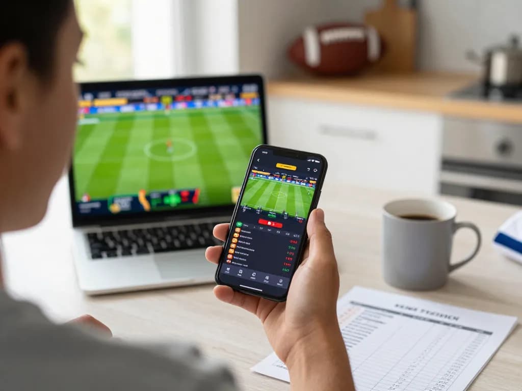 Betting on sports using 555win app on a smartphone, highlighting live scores and strategic betting
