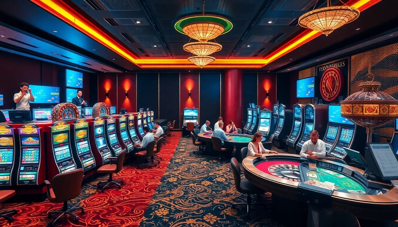 Experience thrilling gaming at f8bet.net.in with vibrant casino tables and slot machines.