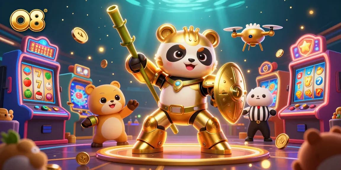 Experience the thrill of O8's dynamic casino scene with vibrant slot machines and engaging characters.