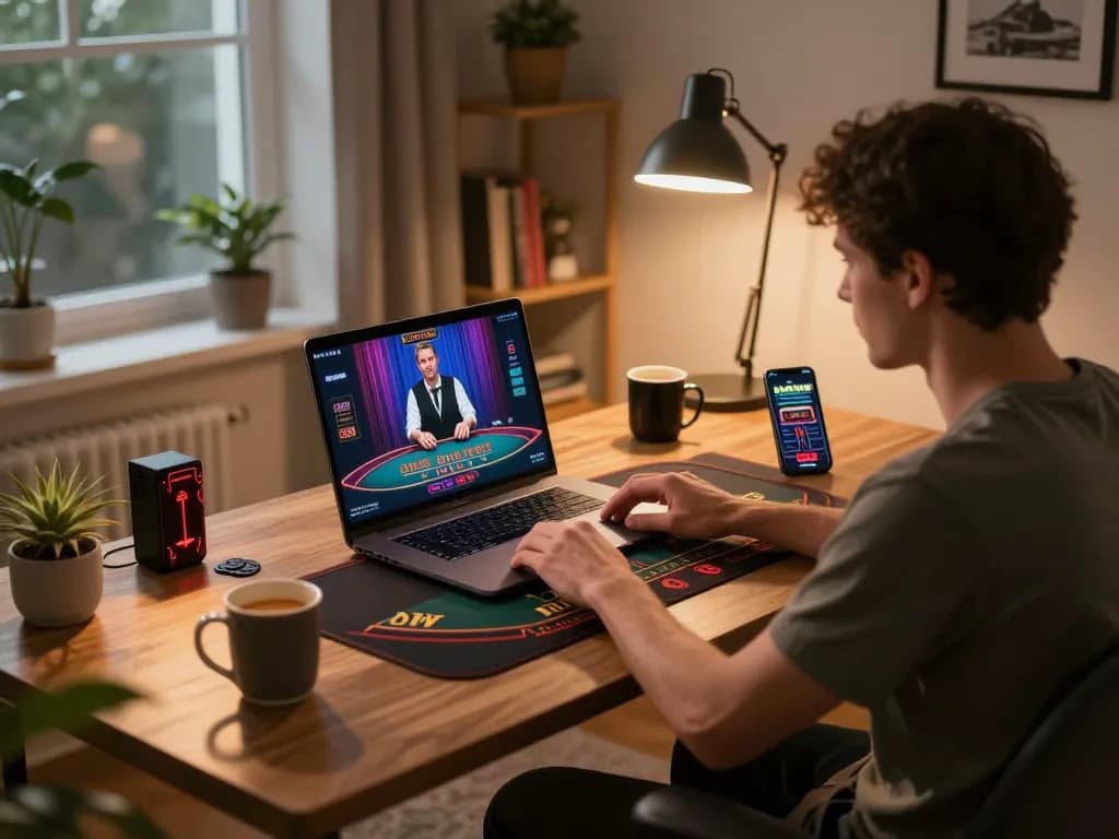 Engaged player at home using the live dealer option from https://www.mnm88.com/ for blackjack, showcasing a stylish online gaming environment.