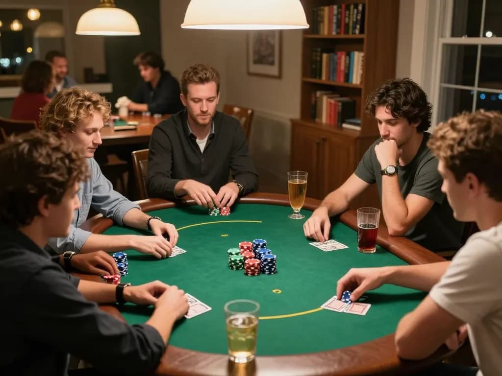 Engaging poker action at nhà cái 58win home game night, players focusing on their strategies.