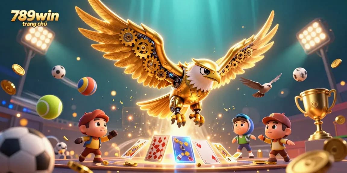 Engage with 789win trang chủ through this immersive 3D sports betting scene featuring dynamic golden eagle