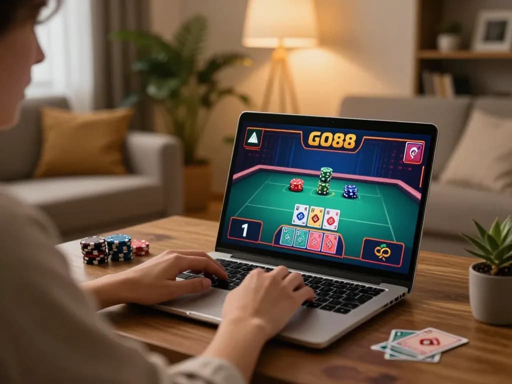 Player engaging in online casino gaming on GO88 platform using laptop in cozy home environment