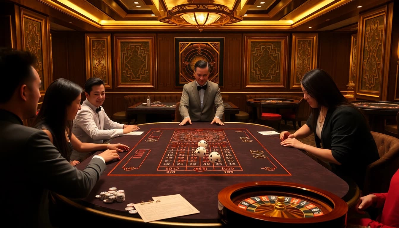 Tài Xỉu MD5 game table in an upscale casino setting, showcasing dice rolling and engaged players.