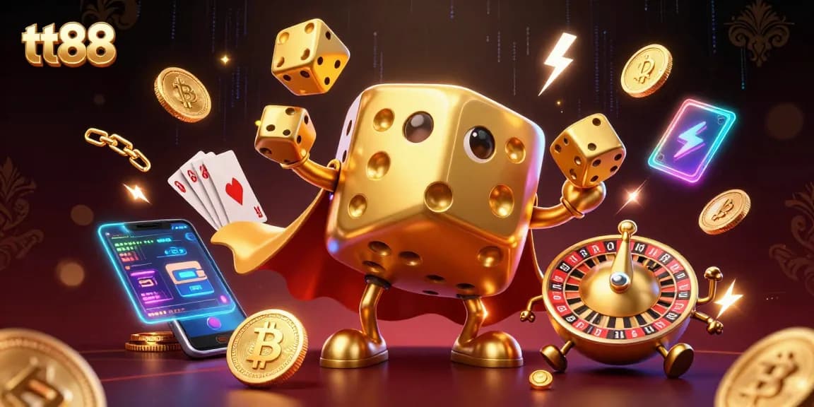 Experience the thrills of tt88 with golden dice and crypto coins in an exciting casino scene.