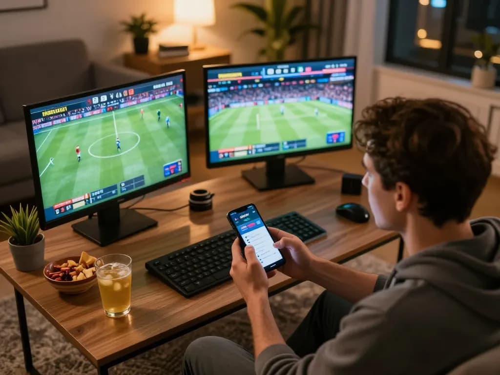 Engaging sbobet sports betting scene at home, showing live betting action on multiple screens