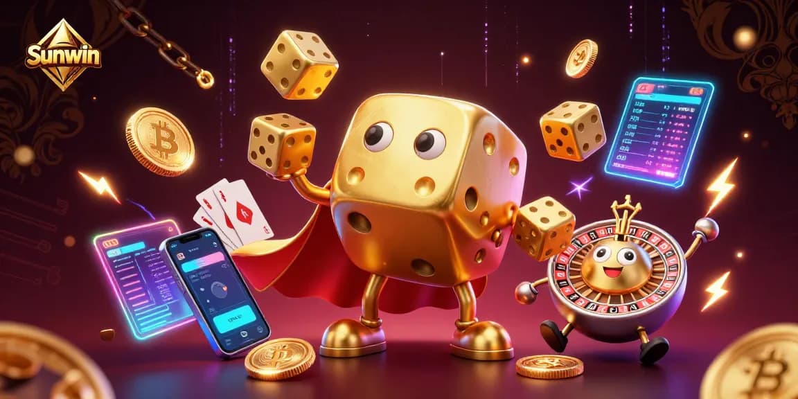 Join the excitement at Sunwin with this engaging 3D illustration featuring golden dice and crypto elements.