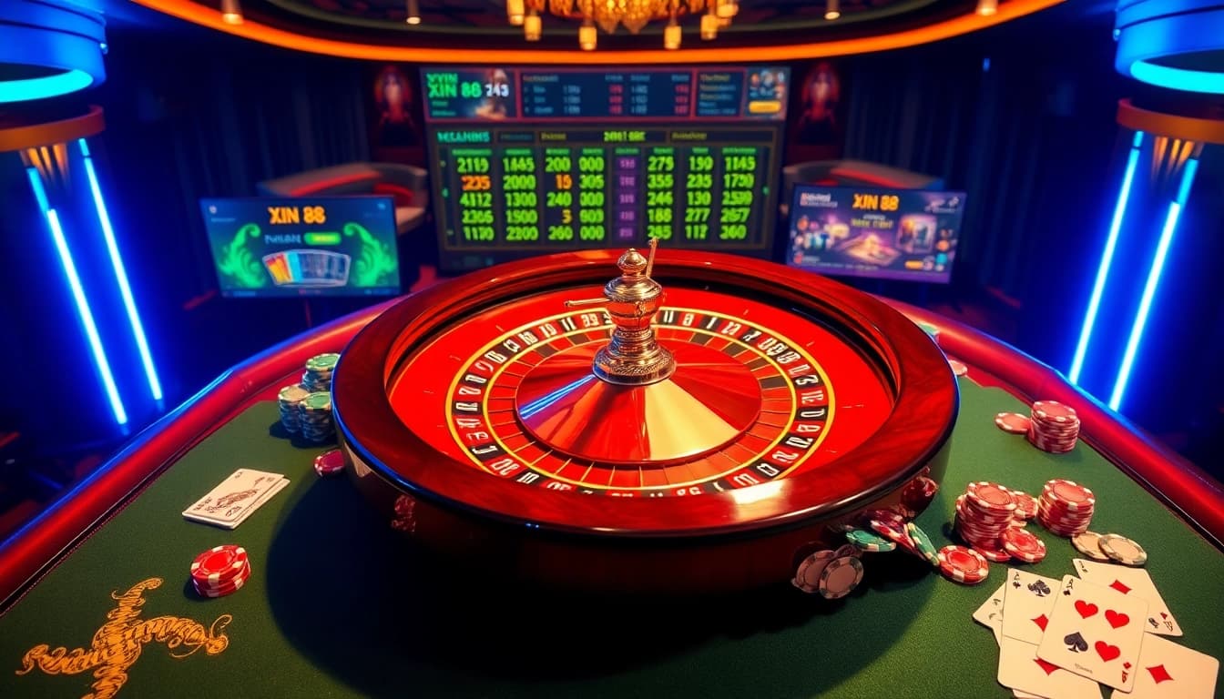 Engage with Xin 88 at a vibrant casino table, spinning roulette and colorful betting chips.