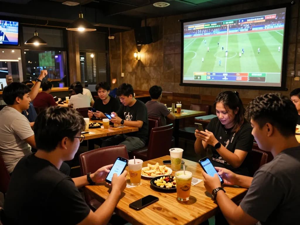 Exciting patrons intensely following tỷ lệ kèo nhà cái hôm nay while placing bets in a vibrant sports bar.