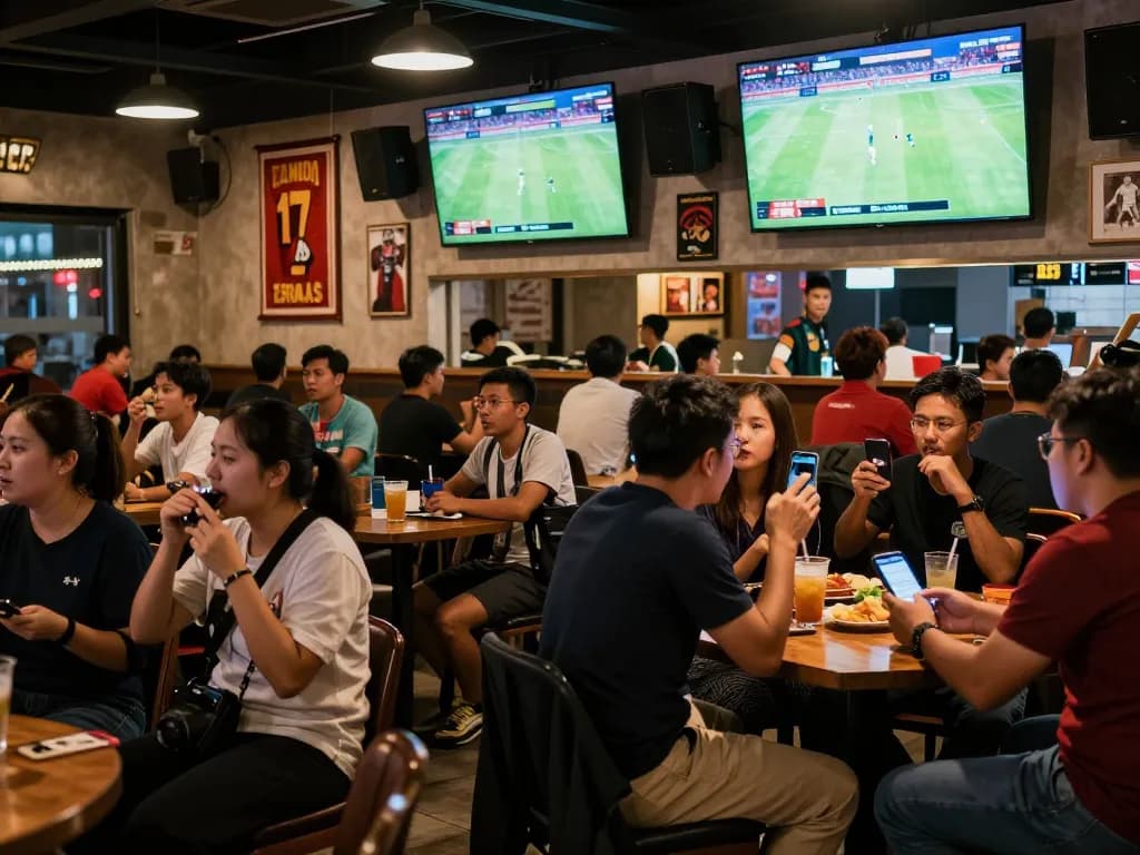 Fans engaging in live sports betting at a dynamic venue with nhandinhkeonhacai odds displayed.