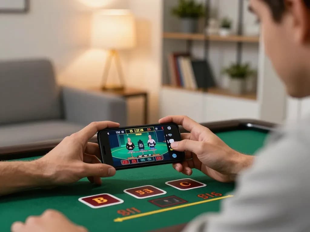 Engaging in a live dealer game on 789Win, focusing on strategic moves in a cozy home environment