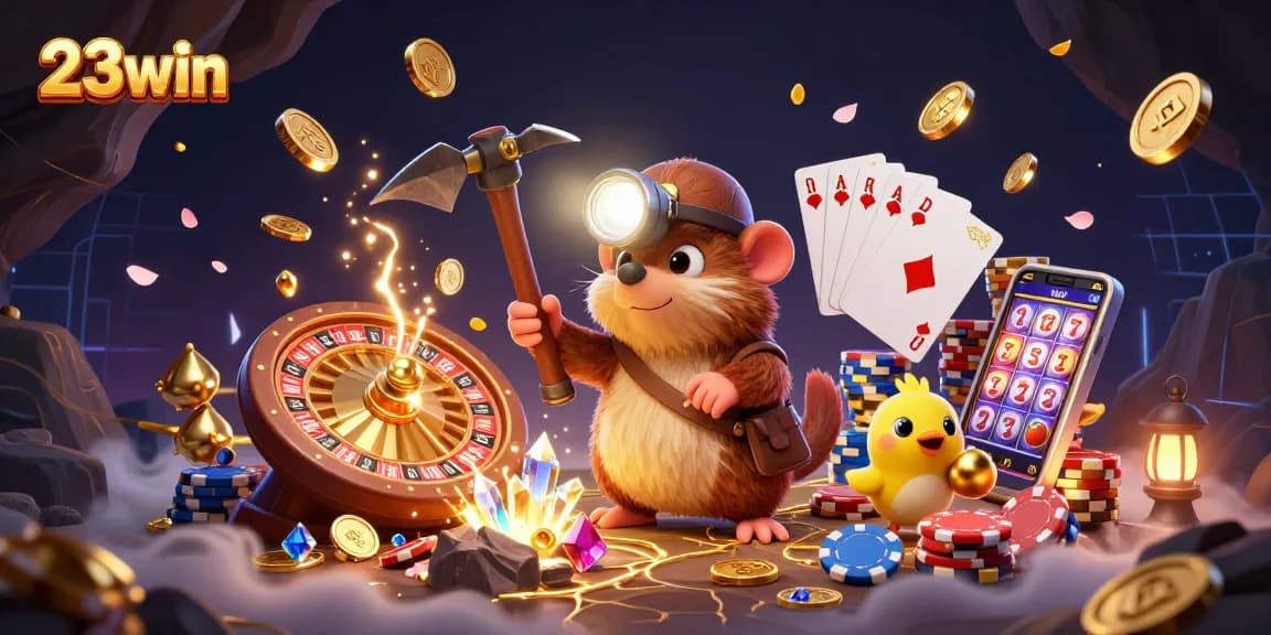 Experience thrills at 23win with golden treasures and spinning roulette in an engaging 3D scene.
