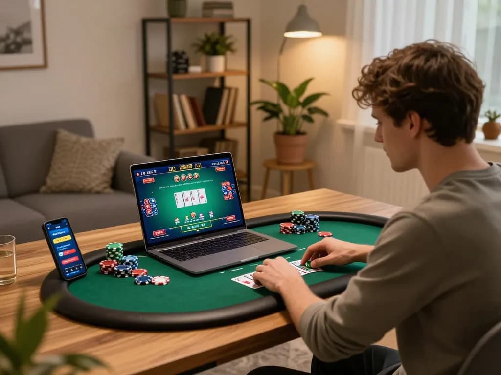 Engaging in high-stakes poker on F8BET with vibrant game play displayed on the laptop screen.