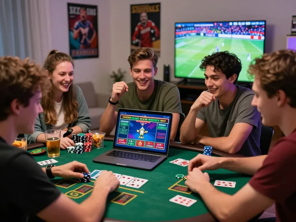 Exciting gaming scene at https://789win.ru.com/ with friends engaging in online betting, sharing snacks and laughter.