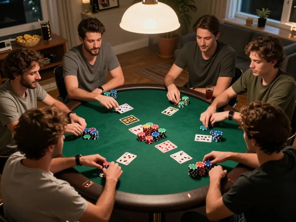 Friends playing poker at home, highlighting the social aspect of gambling on https://mega888group.com/.