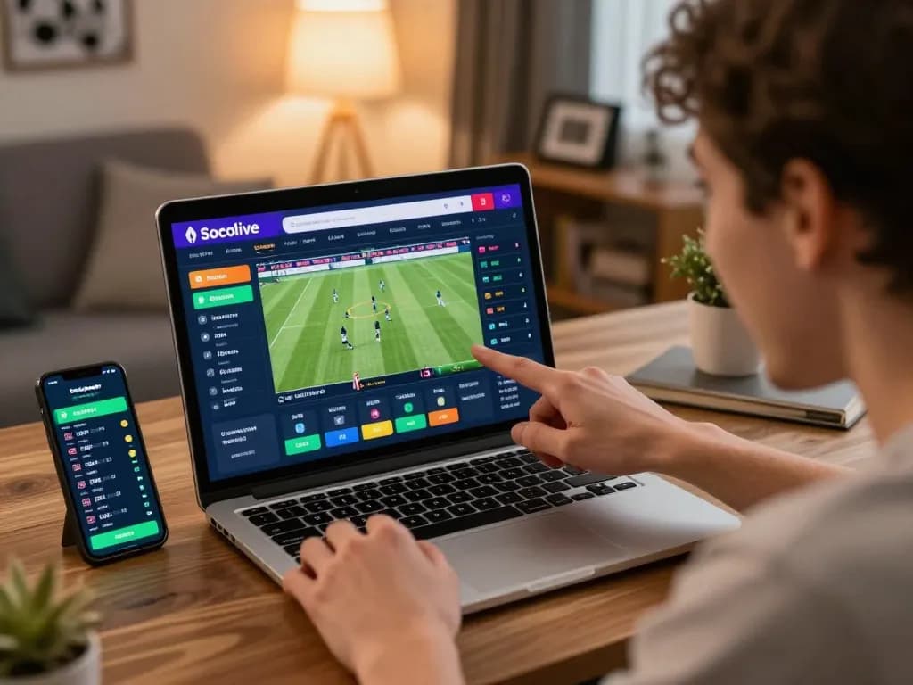 Socolive football streaming interface displayed on laptop while betting enthusiast engages in online wagering.
