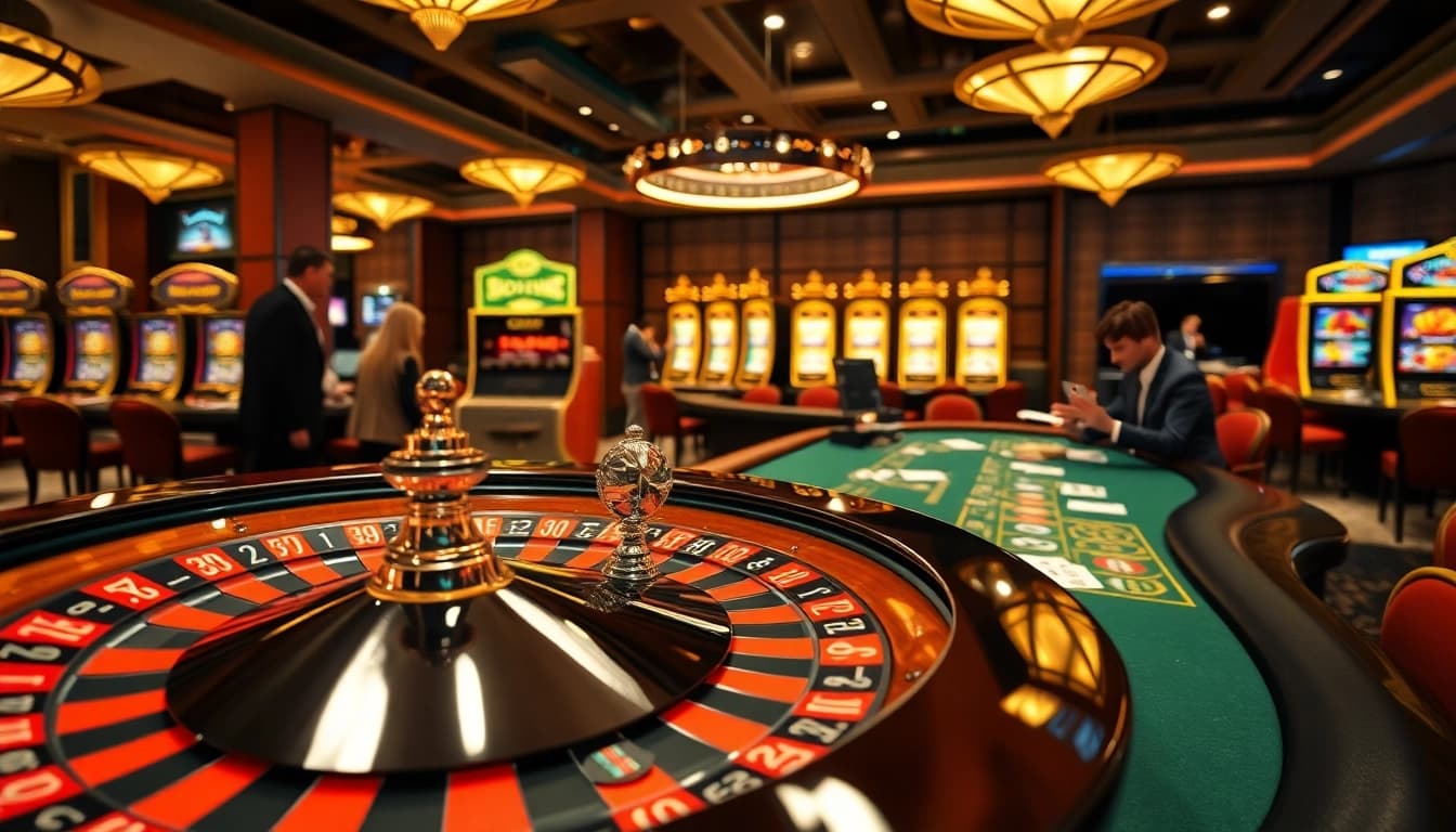 Engage in thrilling gameplay at QQ88 COM with a vibrant casino scene featuring roulette, blackjack, and slot machines.