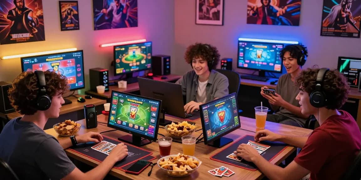 Online friends engaging in exciting card games, showcasing game bài đổi thưởng uy tín in a vibrant gaming atmosphere.
