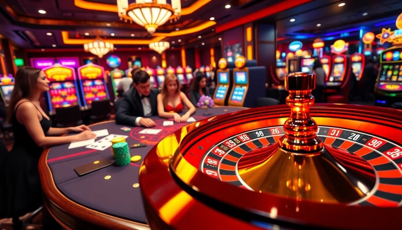 KK55 gamblers placing bets at a luxurious casino poker table with vibrant atmosphere.