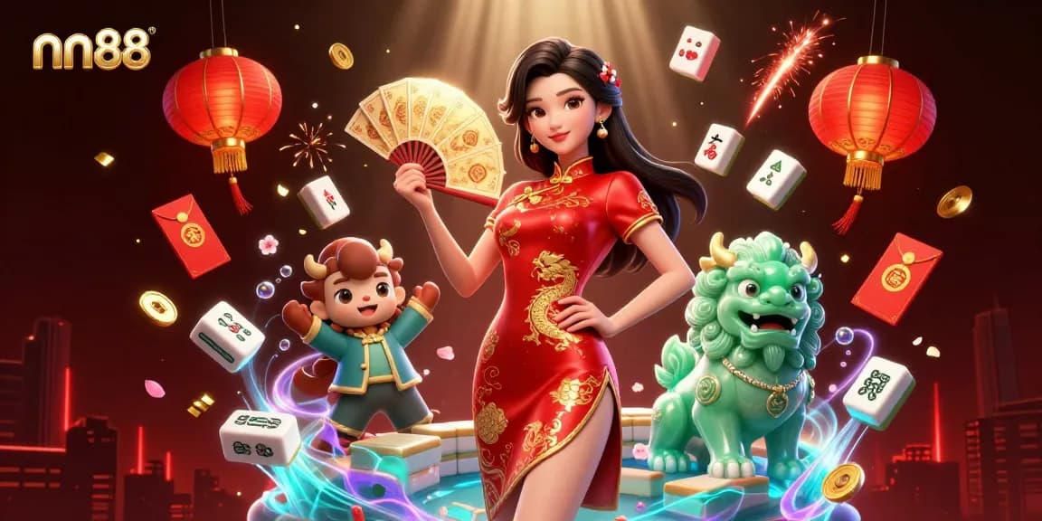 Navigating nn88's vibrant casino world, a woman in qipao fans golden playing cards amidst dynamic game elements.
