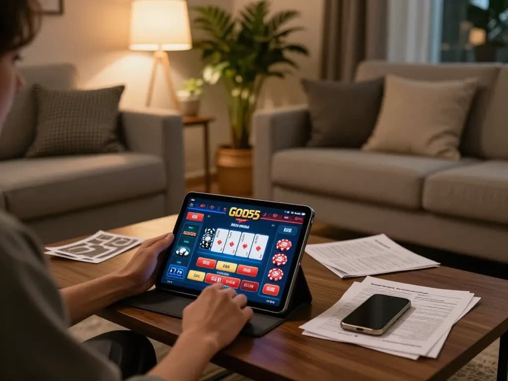 Engaged player enjoying God55 online casino from the comfort of home, with strategy notes and tablet.