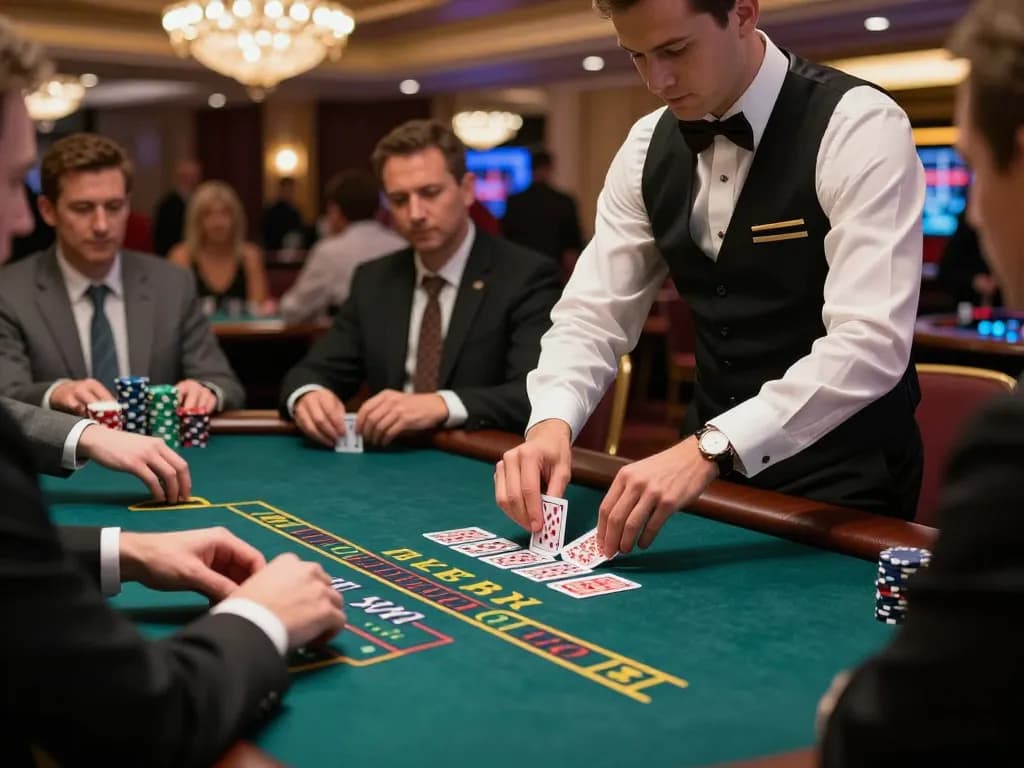 MAY88 blackjack action with dealer and focused players in an upscale casino atmosphere.