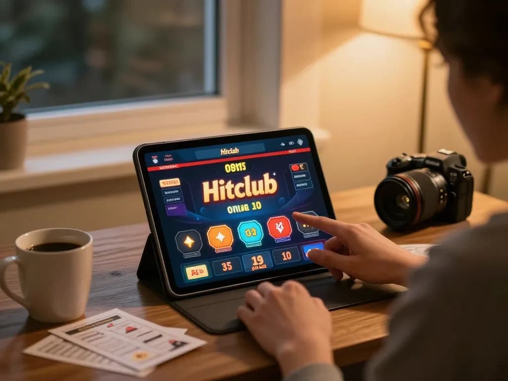 Hitclub online casino interface displayed on tablet during cozy home gaming session.