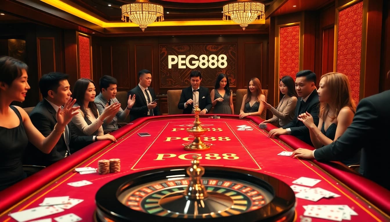 Experience the excitement of PG88 with players at a luxury gaming table surrounded by poker chips and cards.