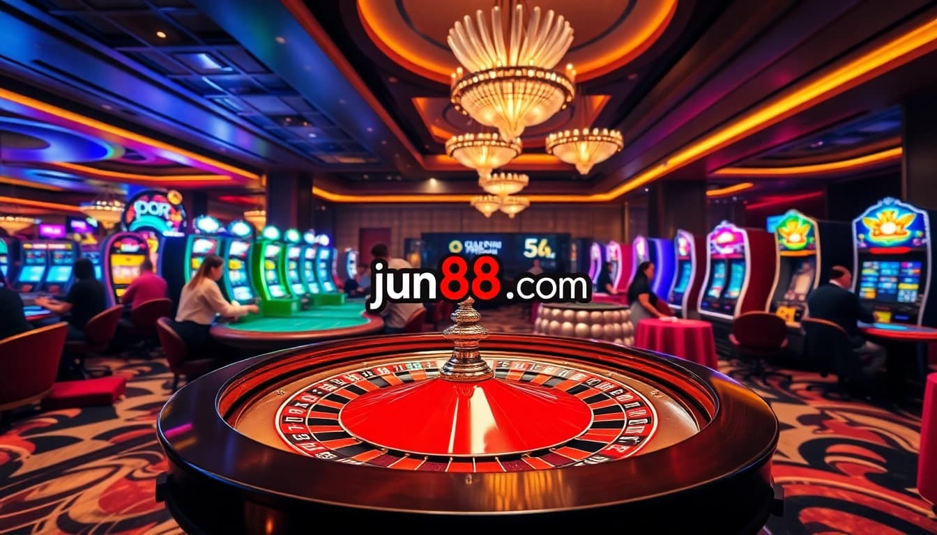 Experience the thrilling atmosphere of jun88pl.com with vibrant casino gaming action.