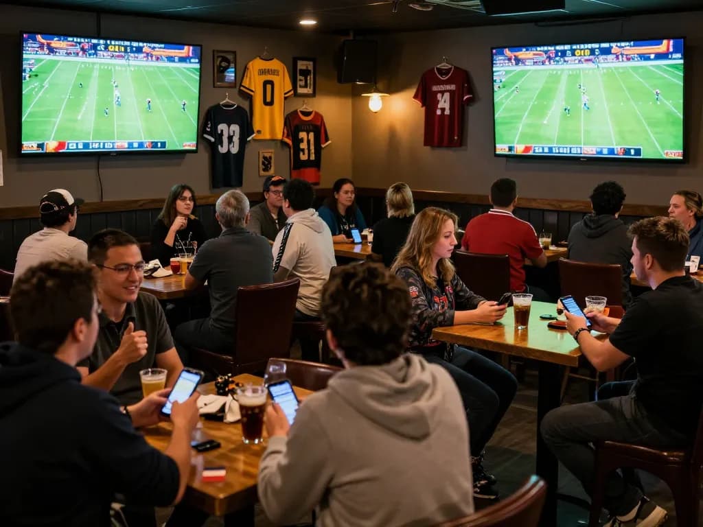 A dynamic scene at a sports bar where patrons at keonhacaii88 enthusiastically place bets while watching live football matches.