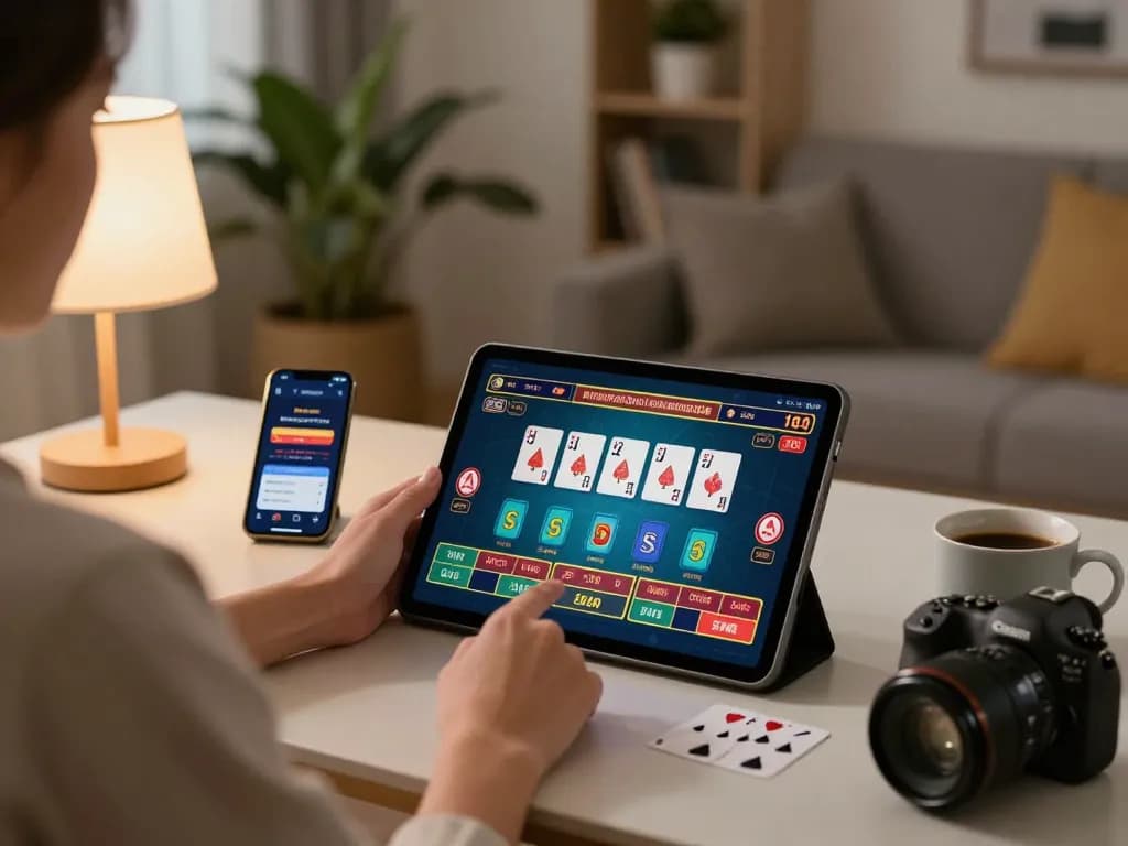 Engaging in online gaming at KKWIN trang chủ with a tablet showcasing live dealer interface