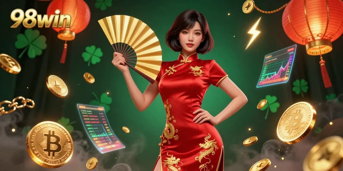 Engage with the thrilling world of 98win, showcasing a confident woman amidst gold coins and crypto elements.