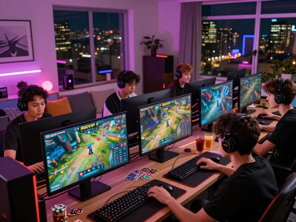 Engaging scene of players enjoying RIKVIP online gaming on various devices, showcasing excitement and modern setup.