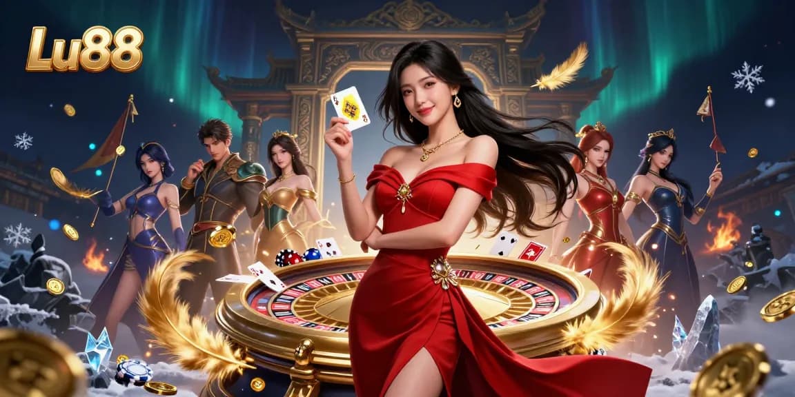 Win big at Lu88 with a stunning casino scene featuring an elegant woman and a golden roulette wheel