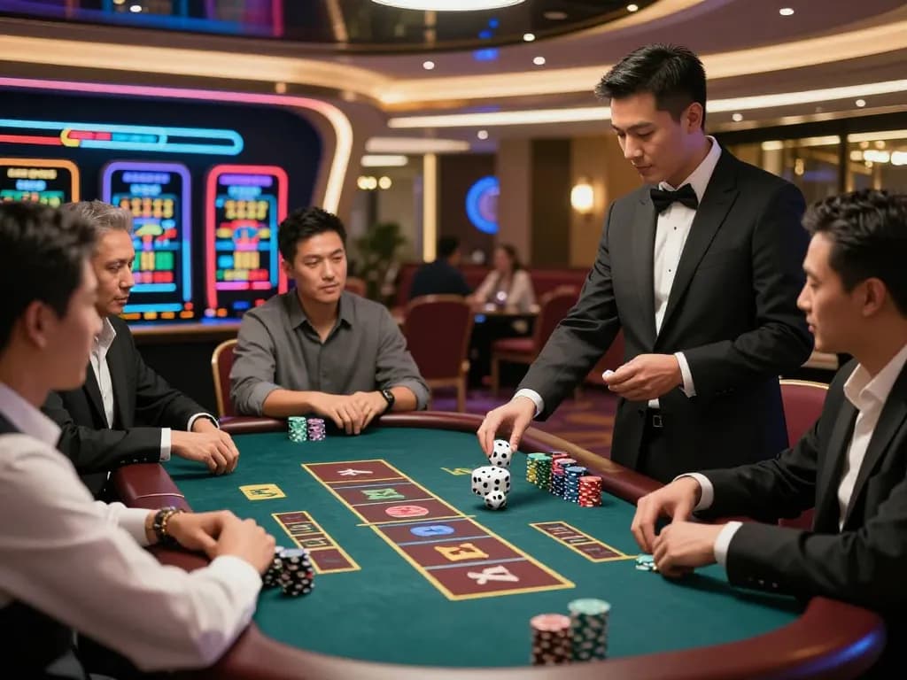 Tài Xỉu game action with players engaged and dealer shaking dice in vibrant casino atmosphere.